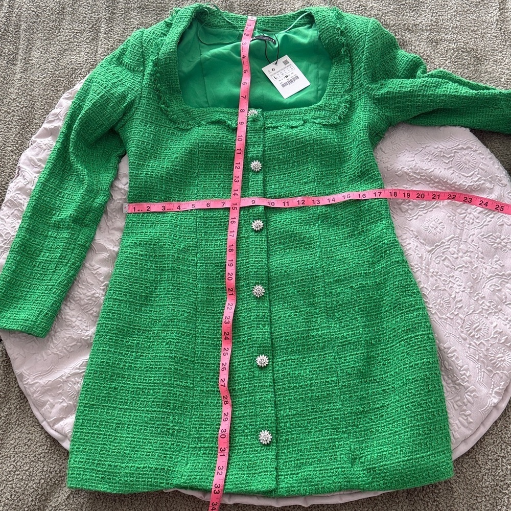 Zara Tweed Boucle squared neck long sleeves Jewel Buttons Green Dress Sz Large - Picture 11 of 15